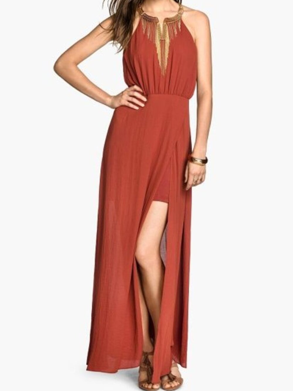 H&M Boho Burnt Orange Halter Maxi Dress w/ Gold Chain Necklace - Size 4